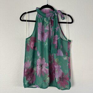 Sweet Pea Womens XL Teal/ Purple Floral Sleeveless Tie Scarf Mockneck Blouse